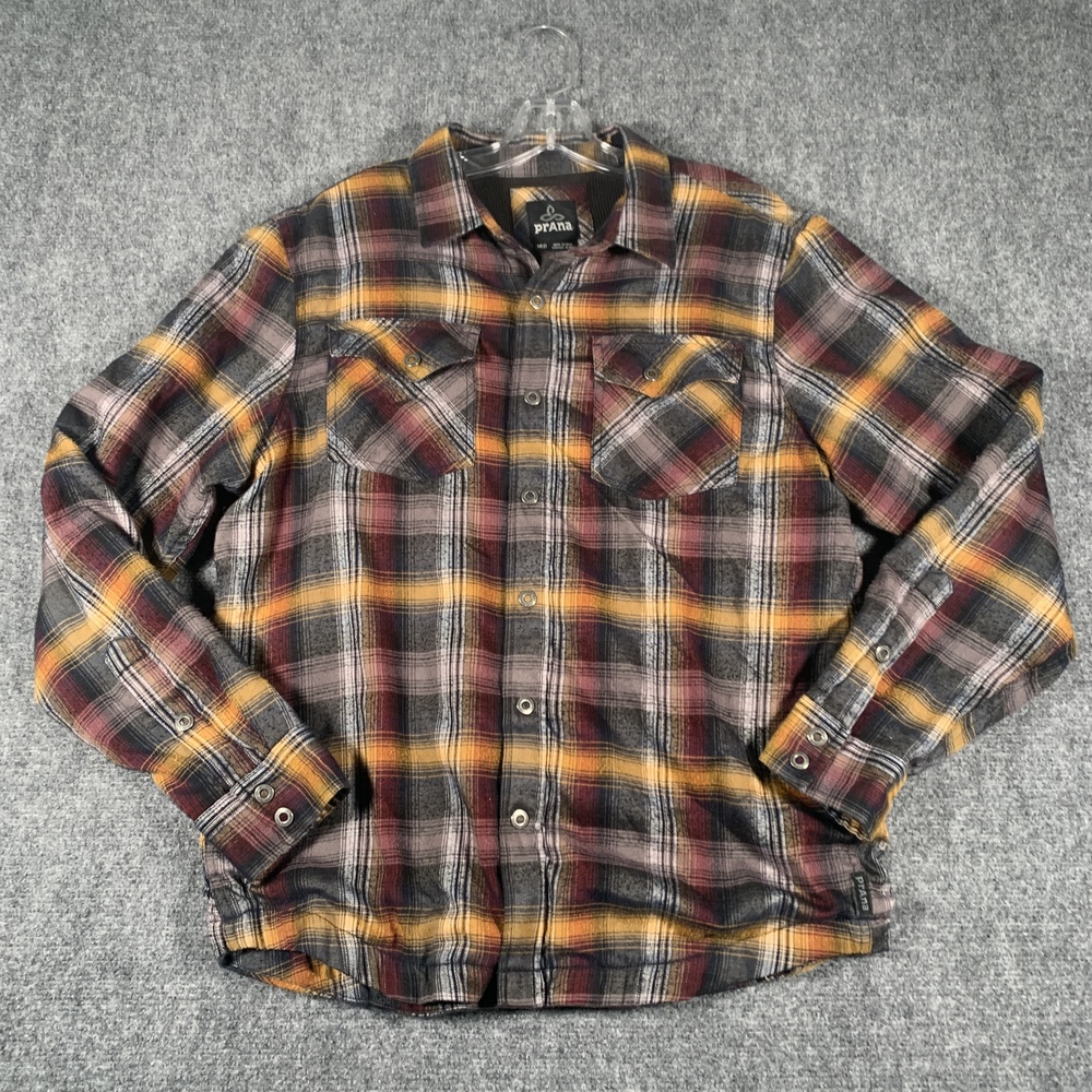 PrAna Shirt Mens Medium Multicolor Plaid Flannel Long Sleeve Snap Front Casual